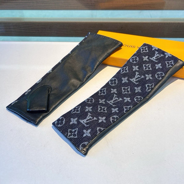 GUANTI LUNGHI SENZA DITA IN DENIM MONOGRAM NERO E PELLE DI AGNELLO