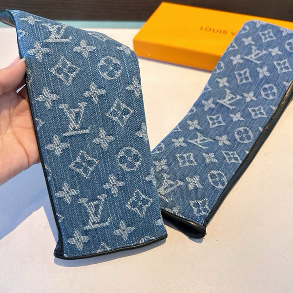 GUANTI LUNGHI SENZA DITA IN DENIM MONOGRAM AZZURRO E PELLE DI AGNELLO NERA