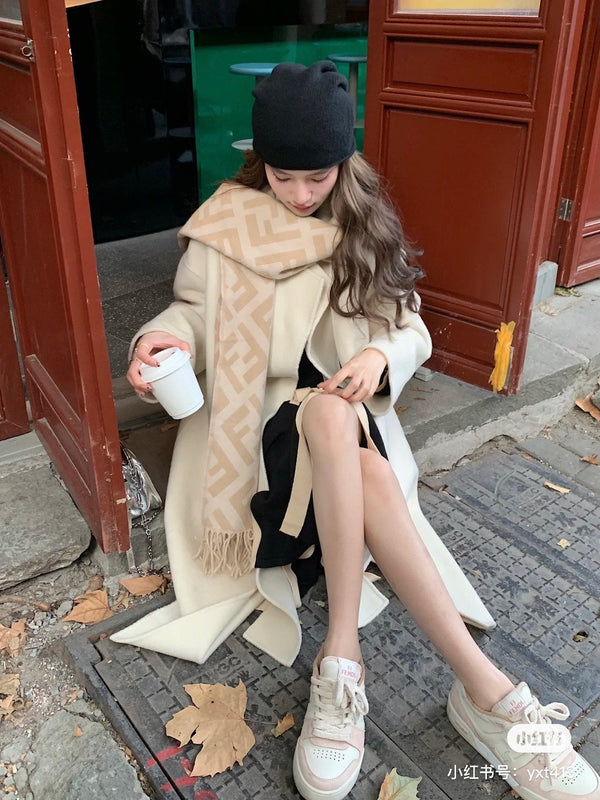 FF 170 CM SCARF IN BEIGE WOOL AND CASHMERE