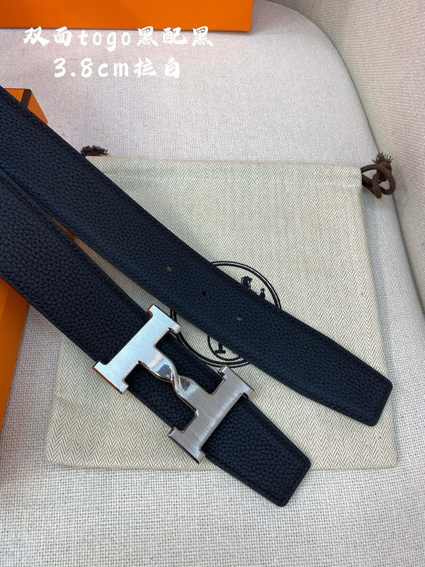 HM H BELT BUCKLE & REVERSIBLE BLACK LEATHER STRAP 38MM SILVER HARDWARE