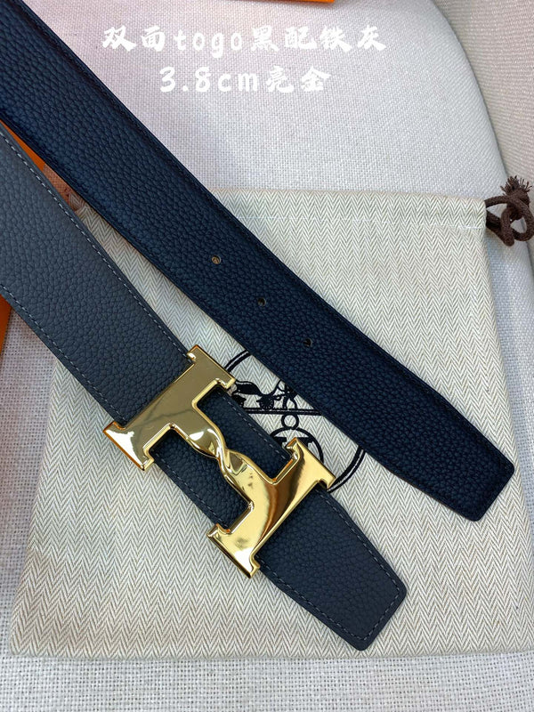 HM H BELT BUCKLE & REVERSIBLE BLACK LEATHER STRAP 38MM GOLD HARDWARE