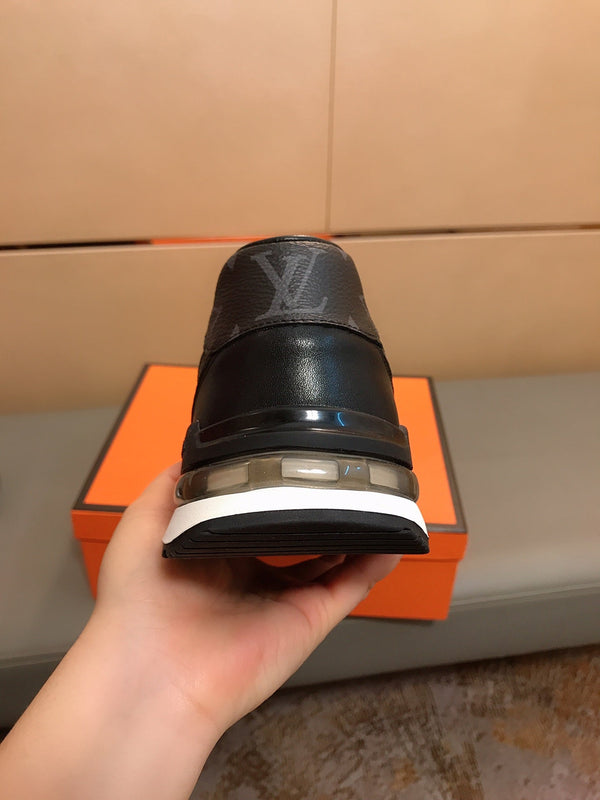 LV SNEAKERS IN BLACK CALFSKIN AND BRANDED PRINTED FABRIC