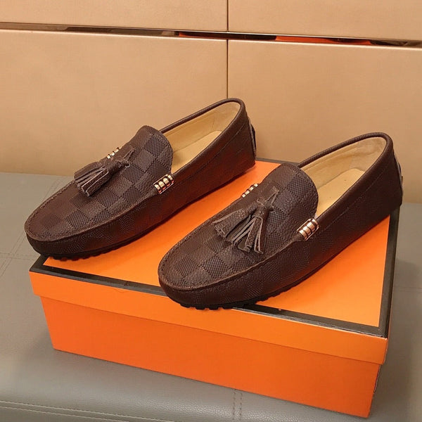 MOCASSINI LV IN PELLE DI VITELLO DAMIER MARRONE RUSSET CON NAPPINA