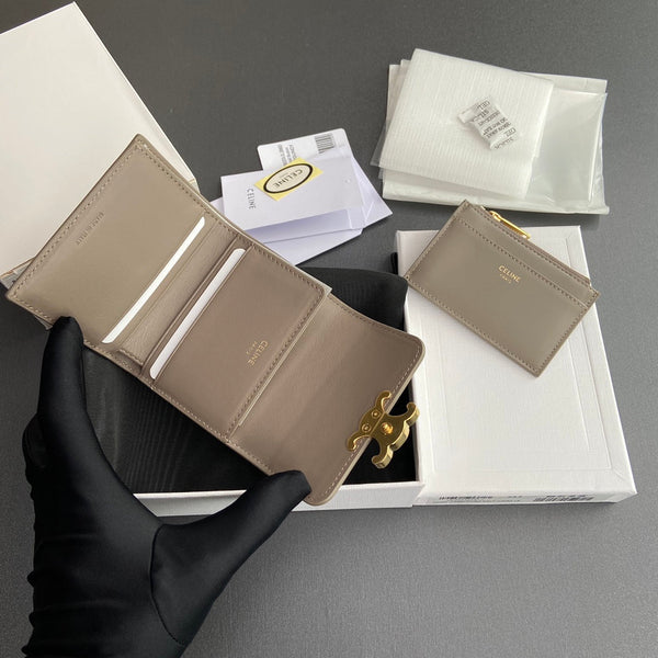 TRIOMPHE Compact Wallet With Coin Purse Modern Taupe Leather