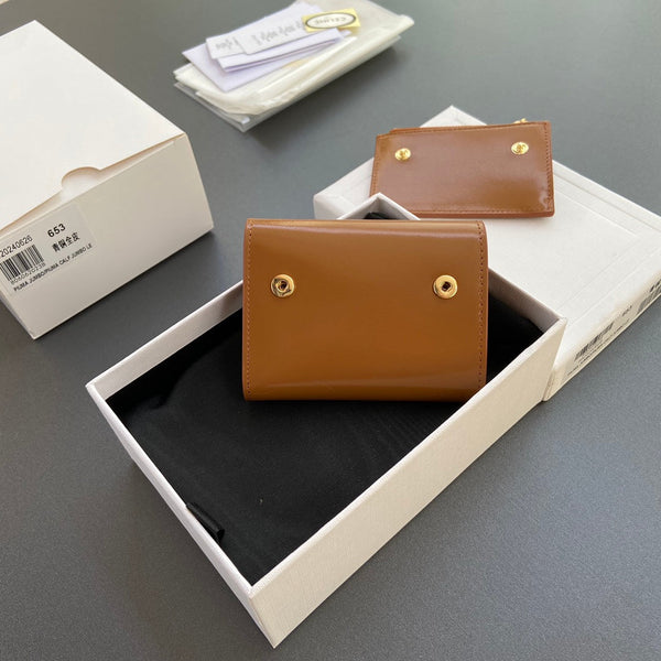 TRIOMPHE Compact Wallet With Coin Purse Tan Leather
