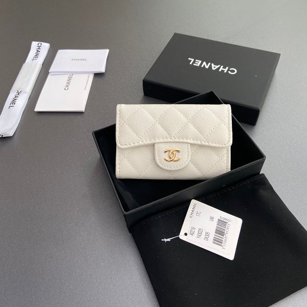 CC Zipper Flap Card Holder White Caviar GHW 234669