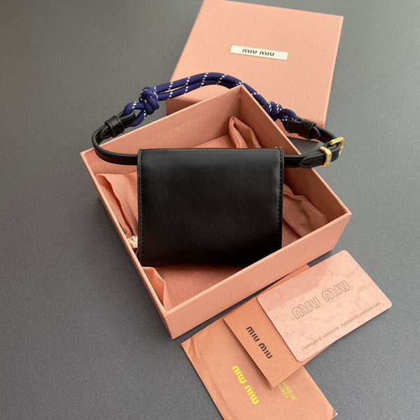 Miu Logo Wallet On A Chain 10.5 Lettering Black Calfskin 240406