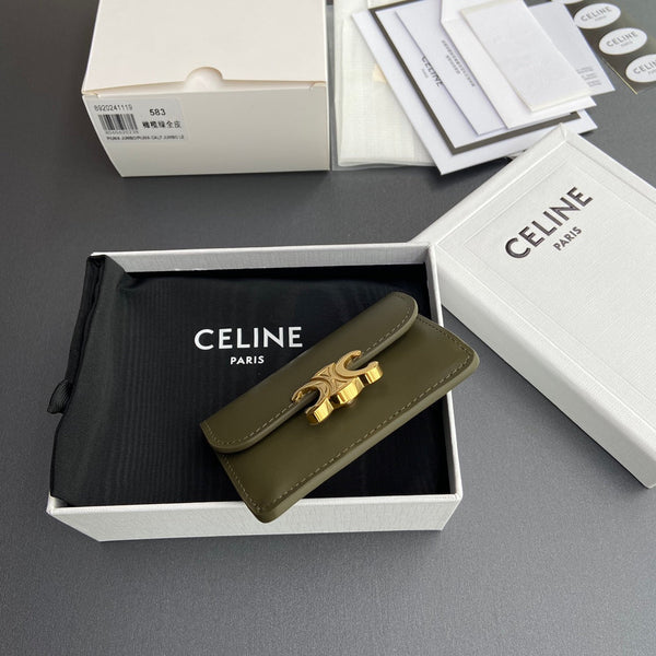 TRIOMPHE 10i583 Flap Card Holder Olive Green Shiny Cowhide