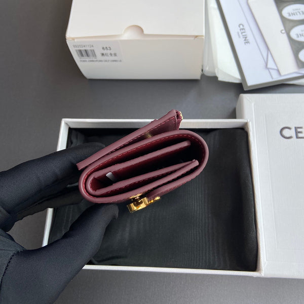 TRIOMPHE Compact Wallet With Coin Purse Burgundy Leather