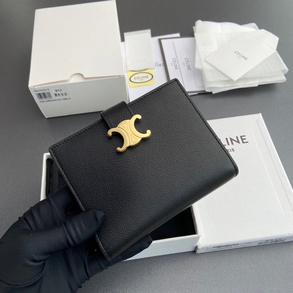 TRIOMPHE Medium Strap Wallet Black Grain Cowhide GHW