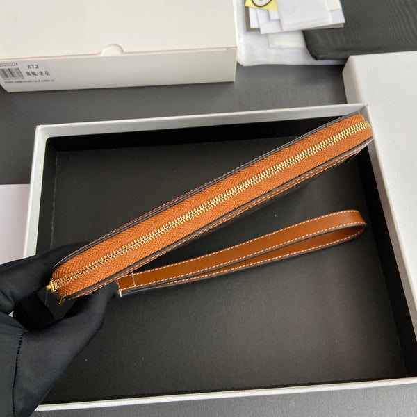 TRIOMPHE Long Pouch With Strap Tan Canvas & Calfskin