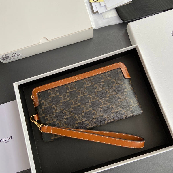 TRIOMPHE Long Pouch With Strap Tan Canvas & Calfskin