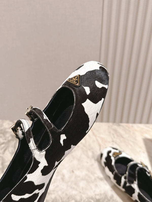 PRA 25s Ballet Flats with Small Buckle Black White Cow Printed Calf-hair 449703
