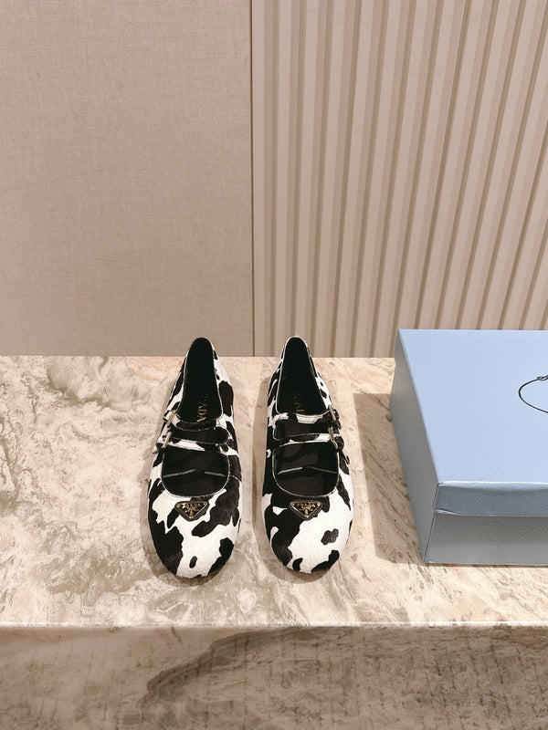 PRA 25s Ballet Flats with Small Buckle Black White Cow Printed Calf-hair 449703