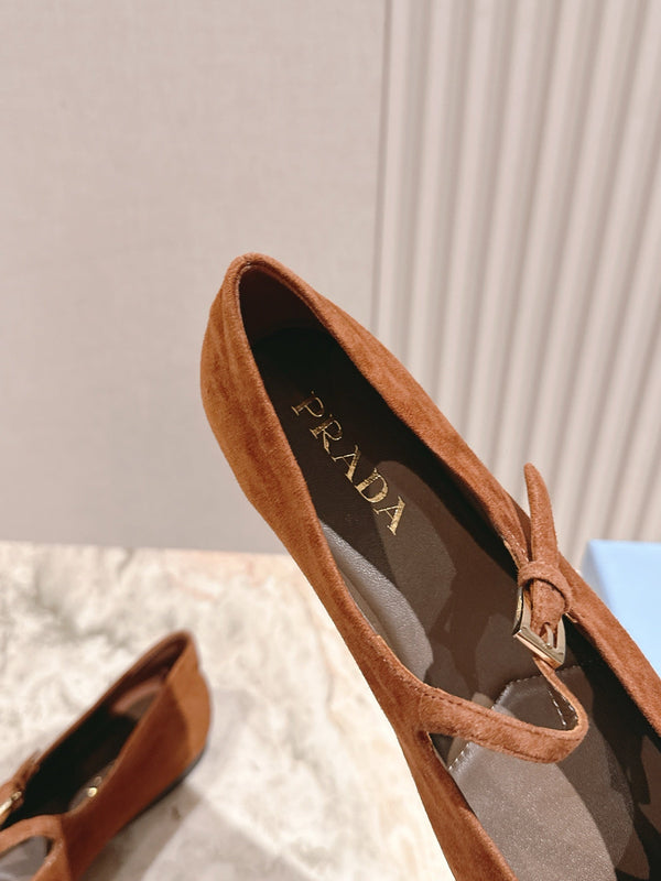 PRA 25s Ballet Flats with Small Buckle Chocolate Suede 449708