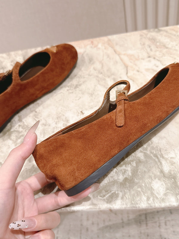 PRA 25s Ballet Flats with Small Buckle Chocolate Suede 449708