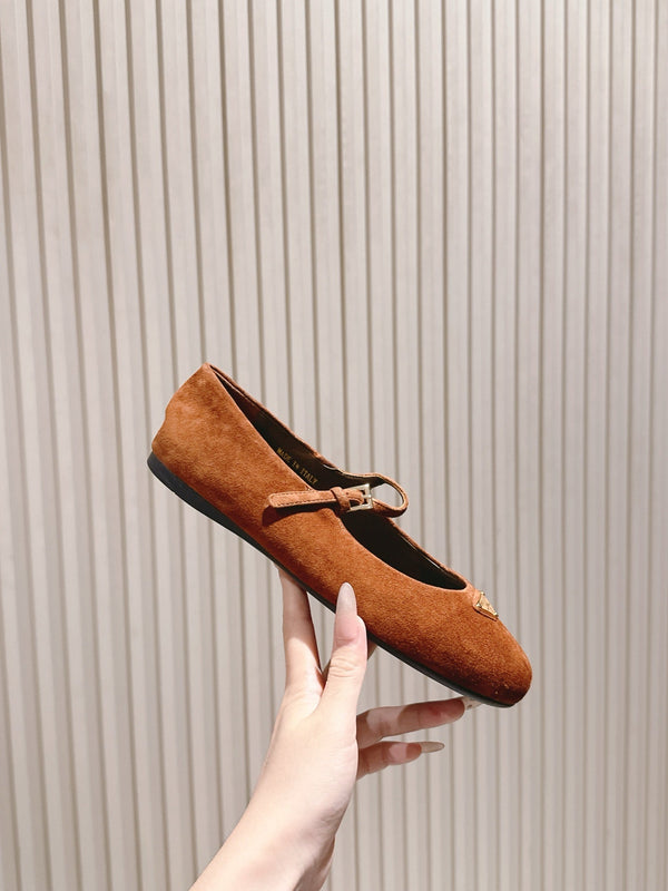PRA 25s Ballet Flats with Small Buckle Chocolate Suede 449708