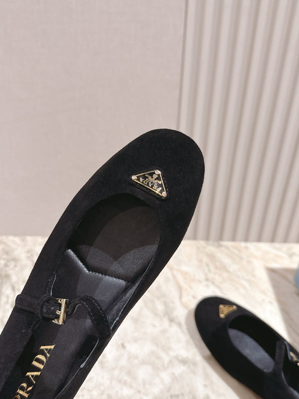 PRA 25s Ballet Flats with Small Buckle Black Suede 449710