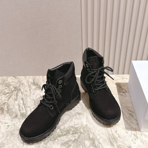 CELINE Kurt Lace-Up Martin Short Boots Black Nubuck Calfskin 452783