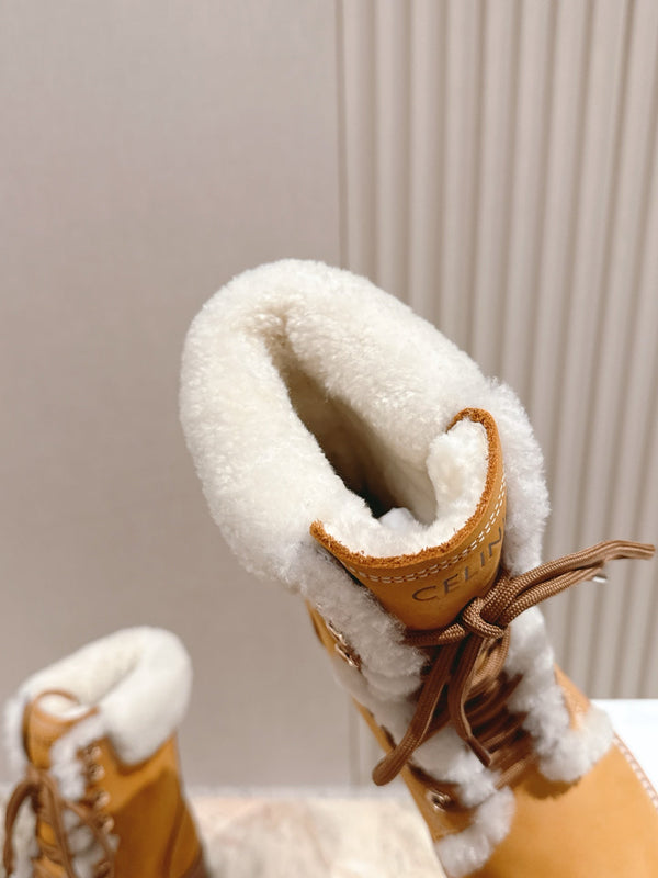 CELINE Kurt Lace-Up Mid Boot Light Brown Nubuck Calfskin And Shearling 452786