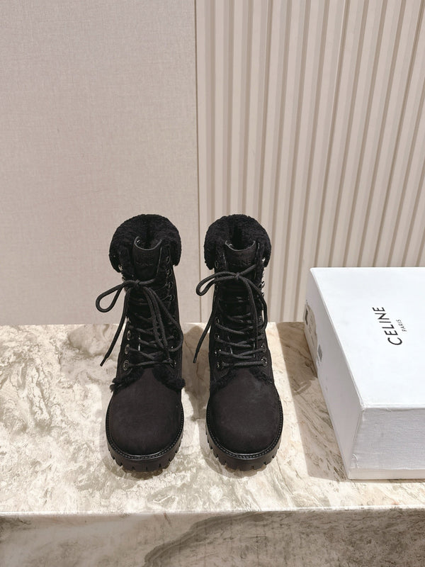 CELINE Kurt Lace-Up Mid Boot Black Nubuck Calfskin And Shearling 452787
