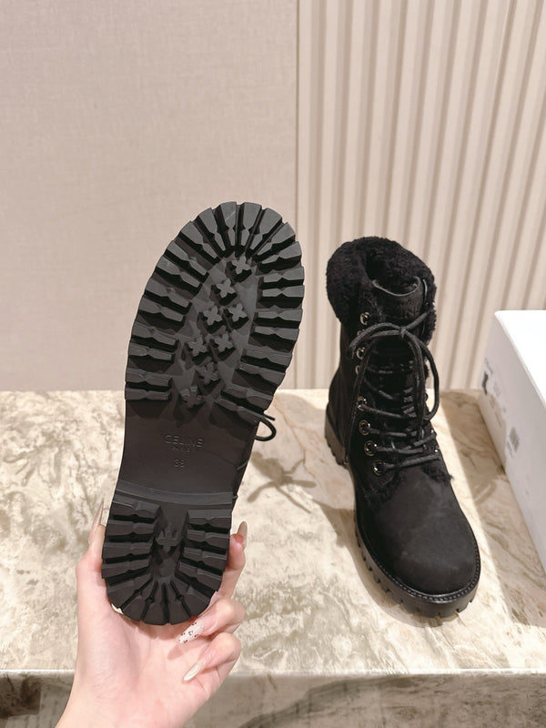 CELINE Kurt Lace-Up Mid Boot Black Nubuck Calfskin And Shearling 452787