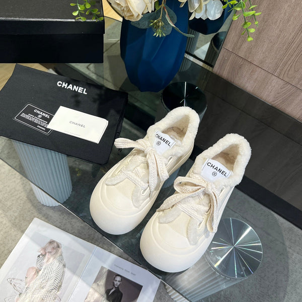 CC Sneaker Thick-Soled White Suede Wool Lining Fleece