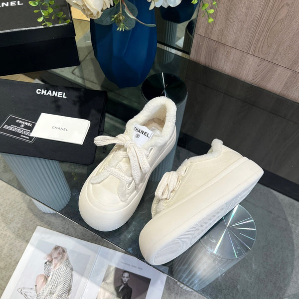 CC Sneaker Thick-Soled White Suede Wool Lining Fleece