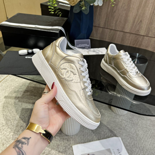 cc sneaker gold metalic calfskin white tpu
