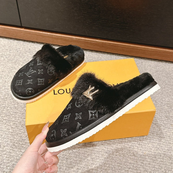 LV Flat Mule Black With Fur Monogram Suede