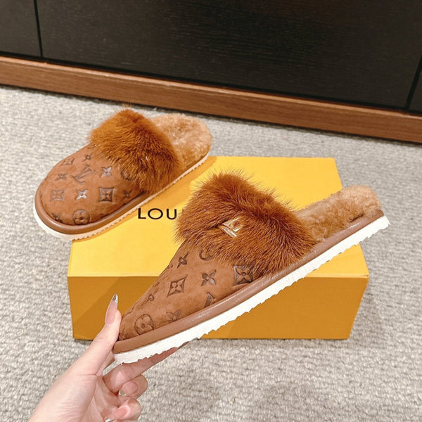 LV Flat Mule Brown With Fur Monogram Suede