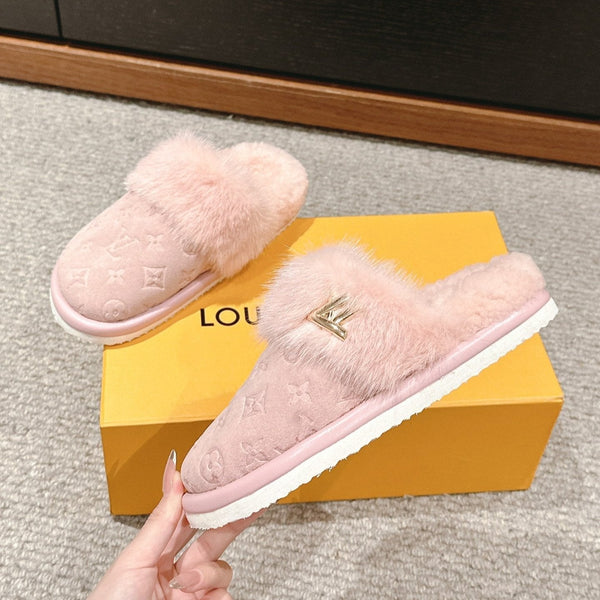 LV Flat Mule Pink With Fur Monogram Suede