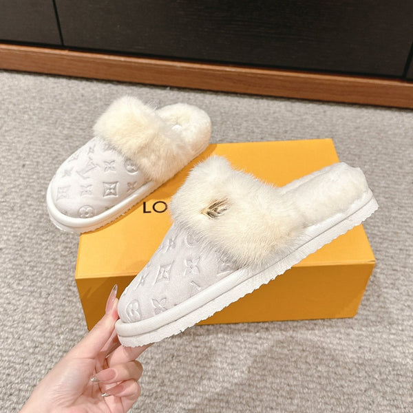 LV Flat Mule White With Fur Monogram Suede