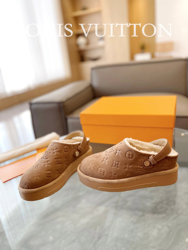 LV Aspen Platform Clog Light Brown Monogram Suede