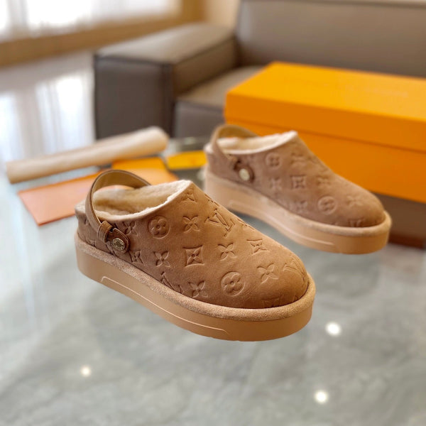 LV Aspen Platform Clog Light Brown Monogram Suede