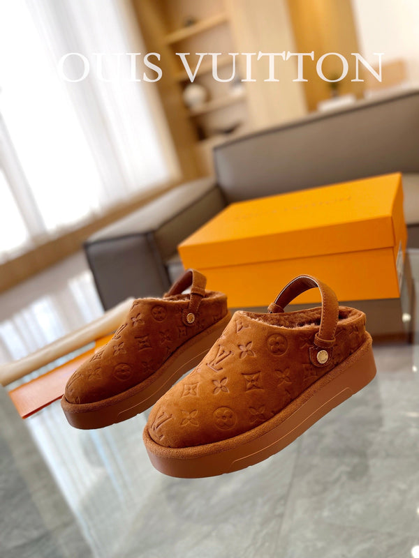 LV Aspen Platform Clog Orange Brown Monogram Suede
