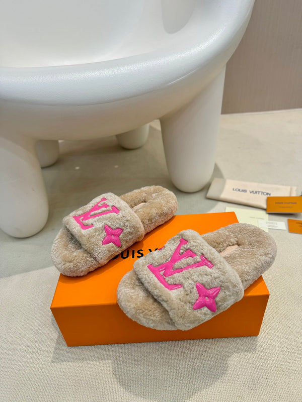 LV Fur Slippers Light Brown With Pink Text Pure Wool