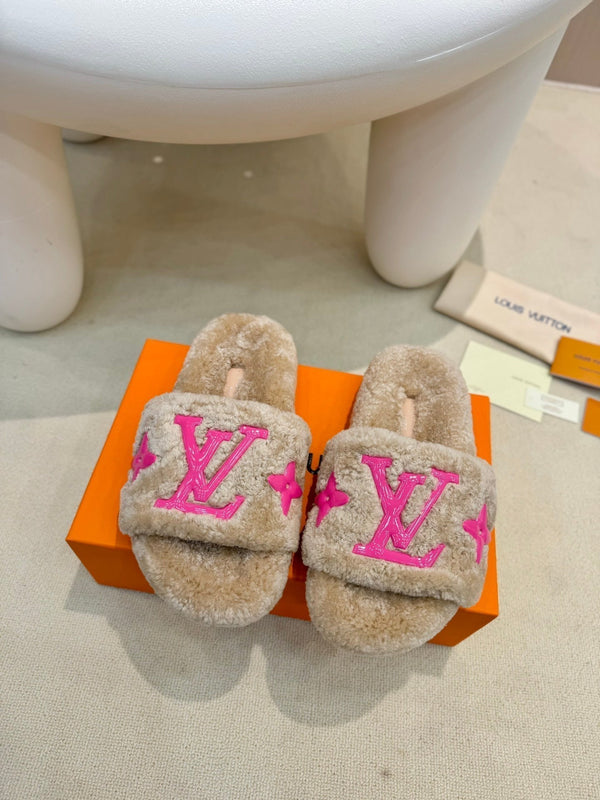 LV Fur Slippers Light Brown With Pink Text Pure Wool