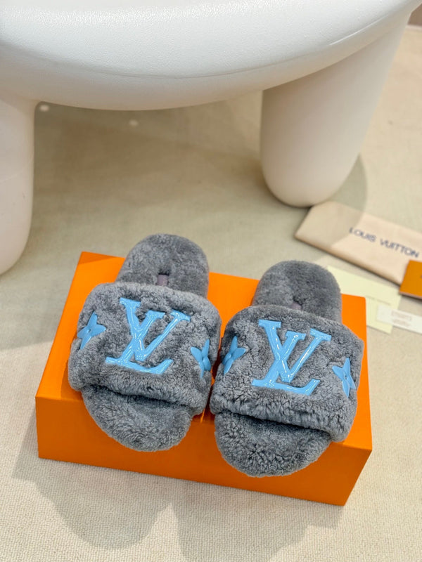 LV Fur Slippers Gray With Blue Text Pure Wool
