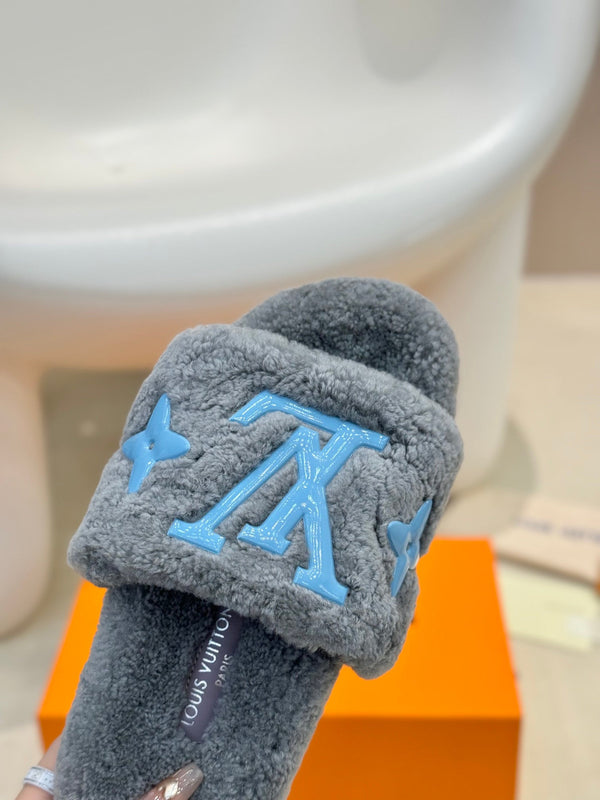 LV Fur Slippers Gray With Blue Text Pure Wool