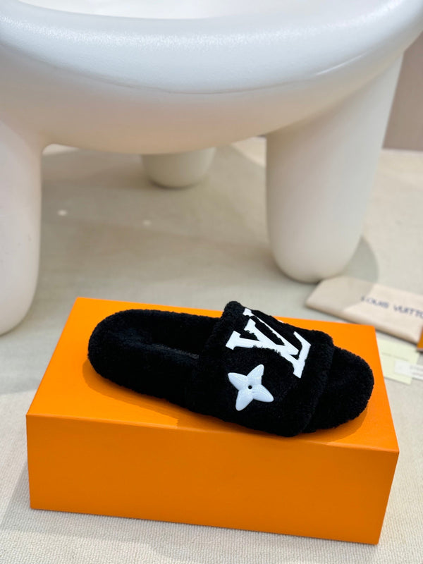 LV Fur Slippers Black With White Text Pure Wool