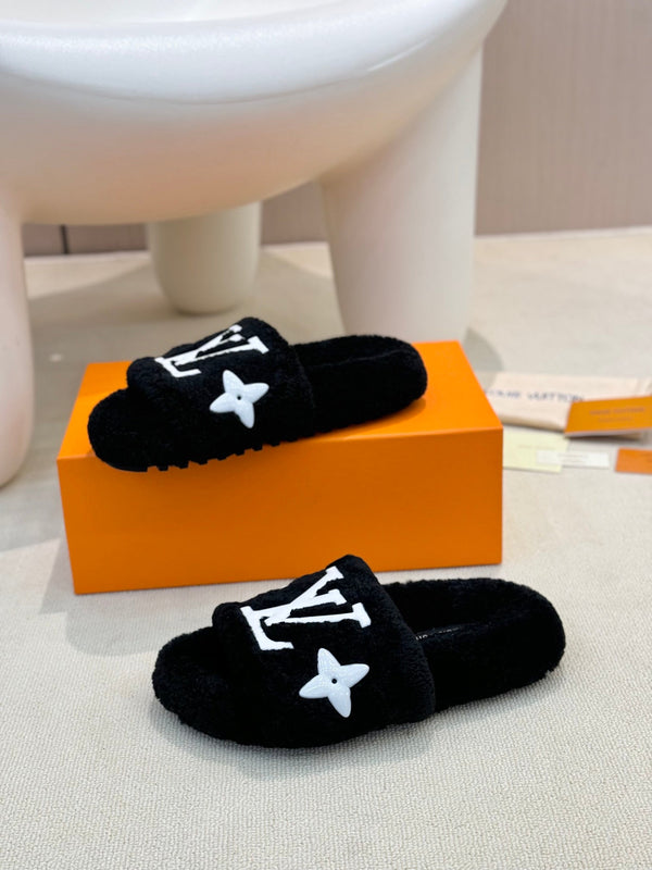 LV Fur Slippers Black With White Text Pure Wool