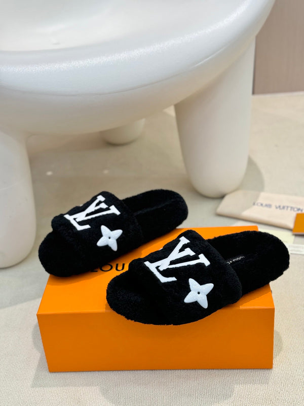 LV Fur Slippers Black With White Text Pure Wool
