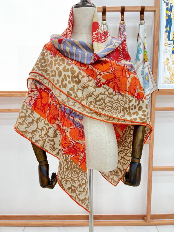 Jungle Love Stamped Scarf 140 CM In Orange Colorful Cashmere And Silk 210985