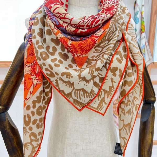 Jungle Love Stamped Scarf 140 CM In Orange Colorful Cashmere And Silk 210985
