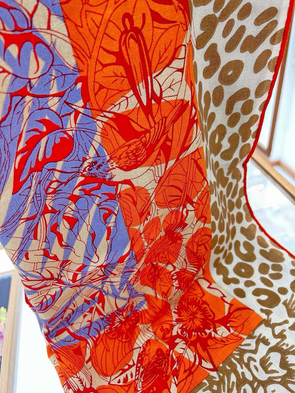 Jungle Love Stamped Scarf 140 CM In Orange Colorful Cashmere And Silk 210985