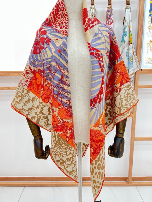 Jungle Love Stamped Scarf 140 CM In Orange Colorful Cashmere And Silk 210985