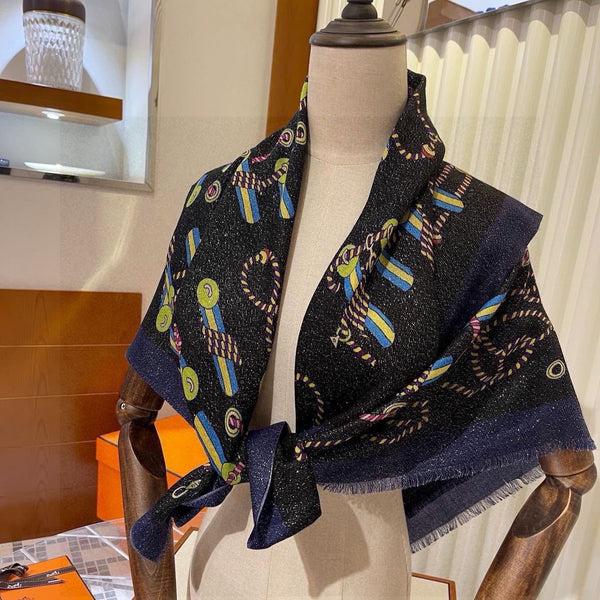 Scarf 200 CM In Black Colorful Cashmere Silk  264152