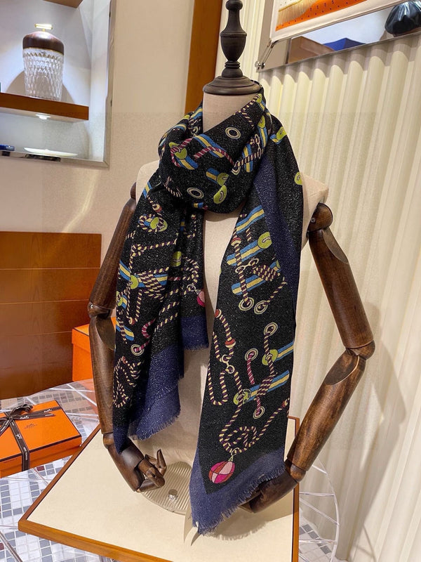 Scarf 200 CM In Black Colorful Cashmere Silk  264152