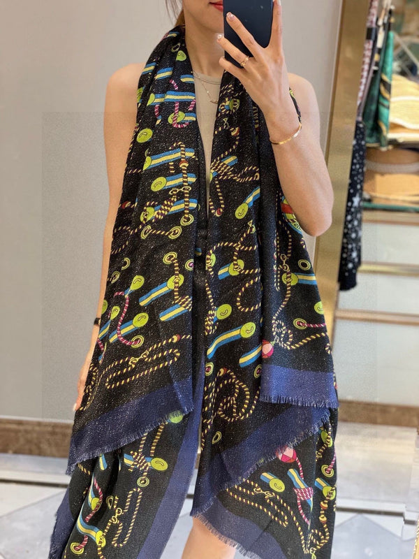 Scarf 200 CM In Black Colorful Cashmere Silk  264152
